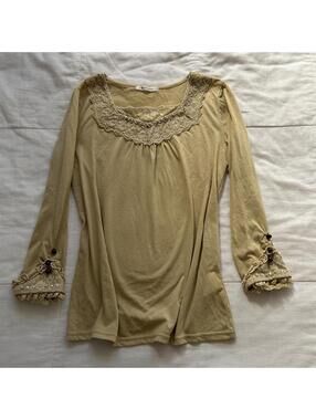 Axes Femme Mustard Yellow Lace Trim Knit Top Mori Kei Himekaji Size M